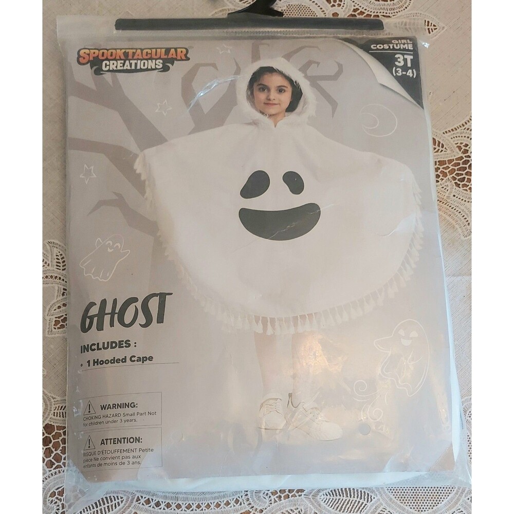 Spooktacular Creations Ghost poncho Hooded Cape costume 3T 3/4 New